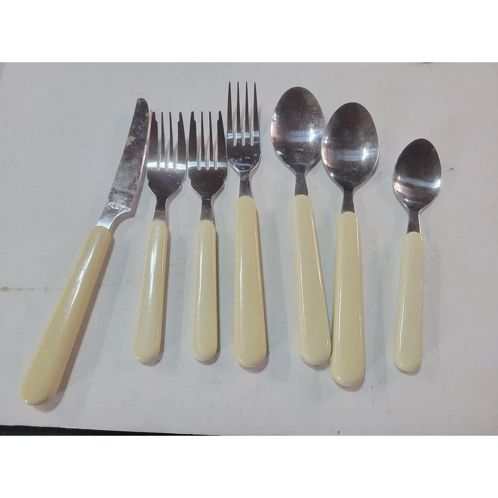 Vintage Stainless Steel Flatware Set 7pc Cream Handles Retro MCM‎